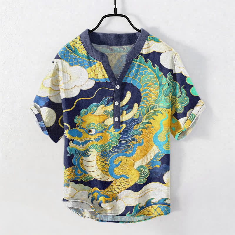 Buddha Stones Chemise à manches courtes pour homme en coton, motif de dragon doré et de nuages ​​porte-bonheur - SteelBlue - US/UK/AU50，EU60 (5XL) - image 5