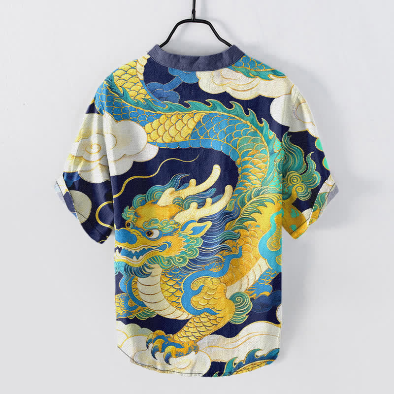 Buddha Stones Chemise à manches courtes pour homme en coton, motif de dragon doré et de nuages ​​porte-bonheur - image 6