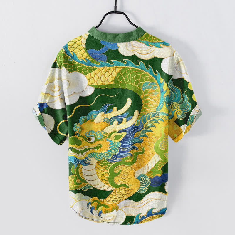 Buddha Stones Chemise à manches courtes pour homme en coton, motif de dragon doré et de nuages ​​porte-bonheur - image 8