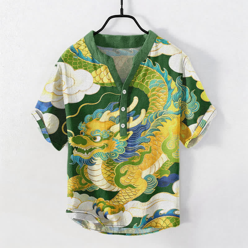 Buddha Stones Chemise à manches courtes pour homme en coton, motif de dragon doré et de nuages ​​porte-bonheur - Vert forêt - US/UK/AU50，EU60 (5XL) - image 7