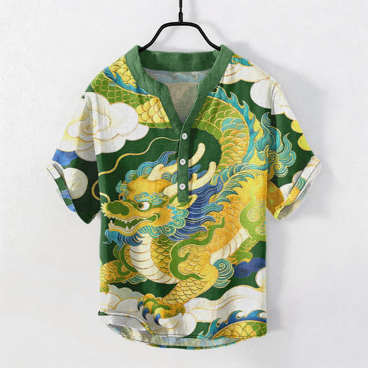 Buddha Stones Chemise à manches courtes pour homme en coton, motif de dragon doré et de nuages ​​porte-bonheur - Vert forêt - US/UK/AU50，EU60 (5XL) - image 7