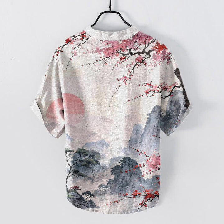 Buddha Stones Chemise à manches courtes pour homme, motif paysage de fleurs de prunier, encre coton - image 1