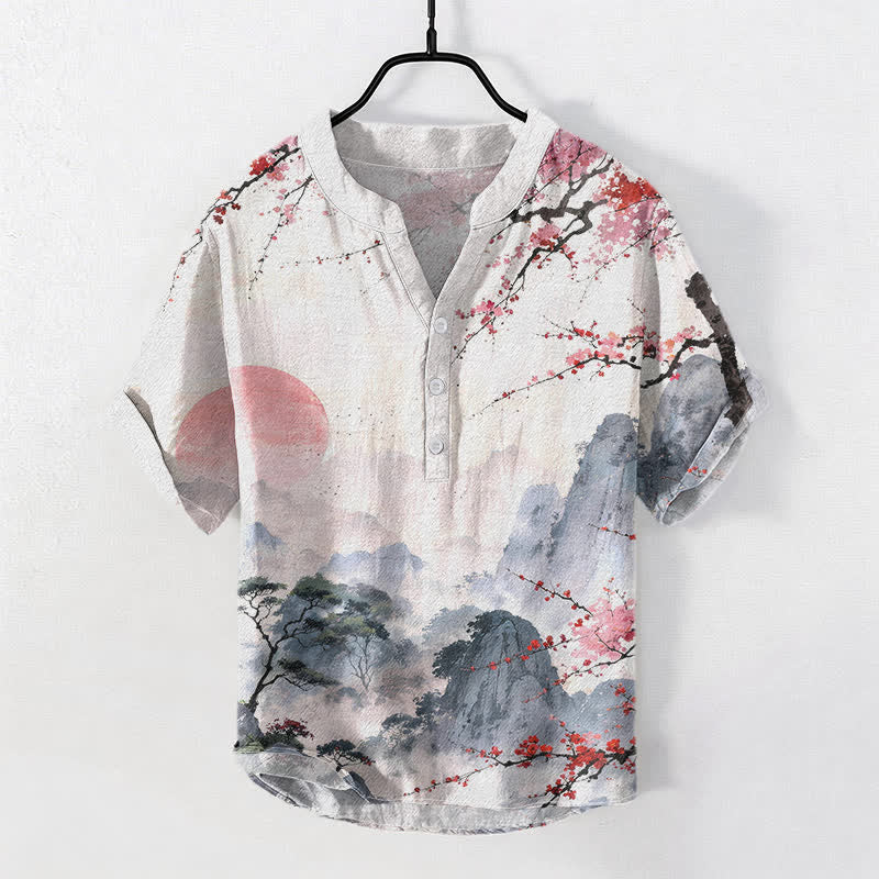 Buddha Stones Chemise à manches courtes pour homme, motif paysage de fleurs de prunier, encre coton - LightCoral - US/UK/AU50，EU60 (5XL) - image 0
