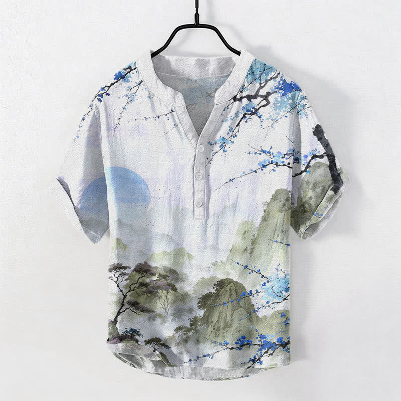 Buddha Stones Chemise à manches courtes pour homme, motif paysage de fleurs de prunier, encre coton - Bleu clair - US/UK/AU50，EU60 (5XL) - image 3