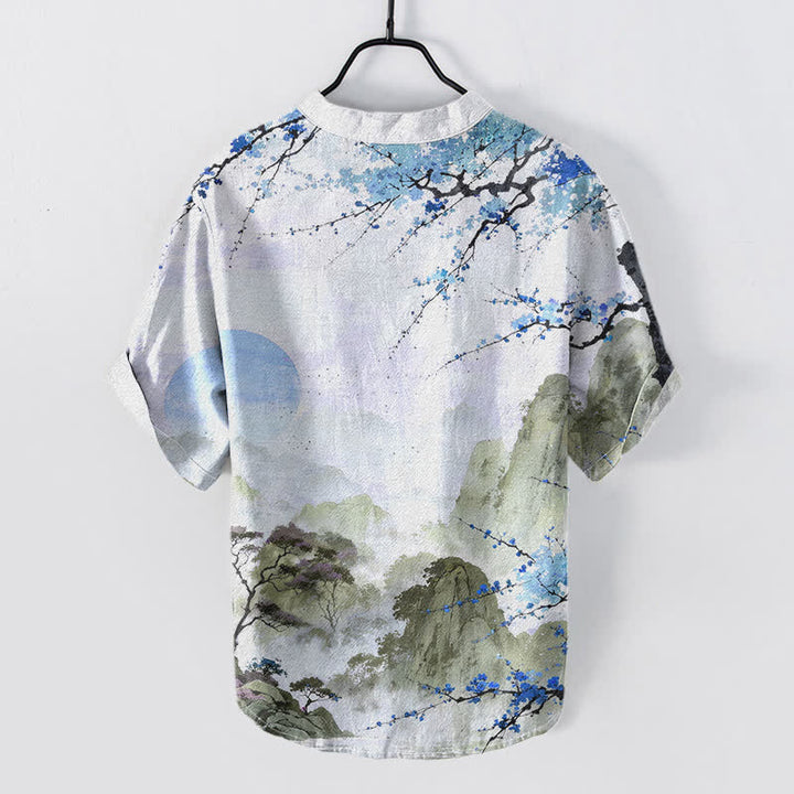 Buddha Stones Chemise à manches courtes pour homme, motif paysage de fleurs de prunier, encre coton - image 4