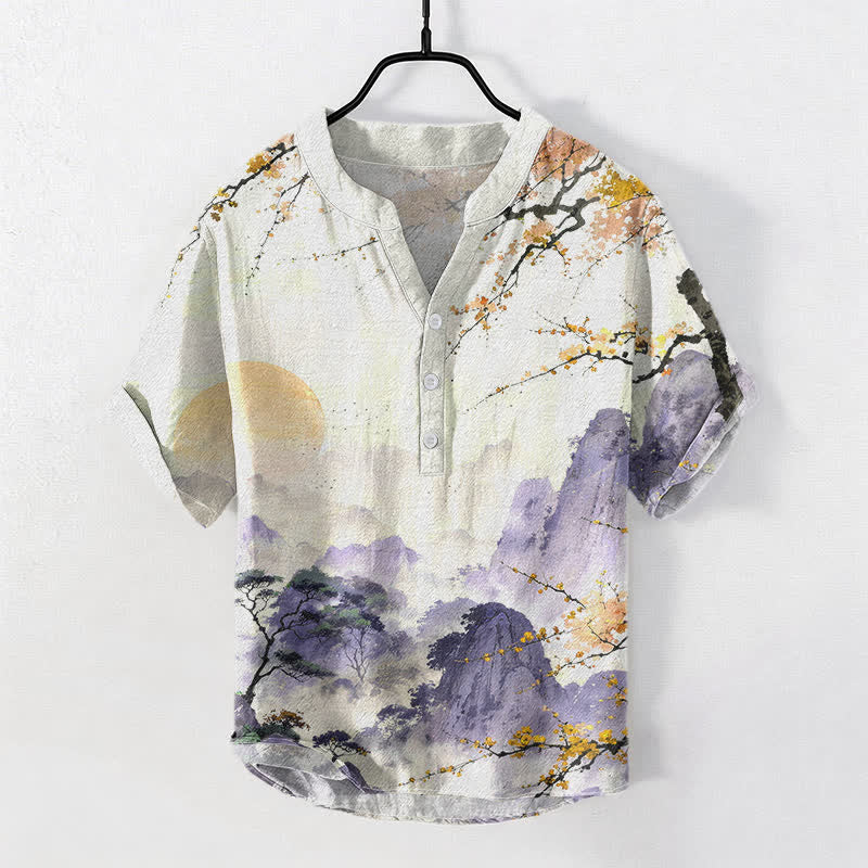 Buddha Stones Chemise à manches courtes pour homme, motif paysage de fleurs de prunier, encre coton - Blé - US/UK/AU50，EU60 (5XL) - image 5