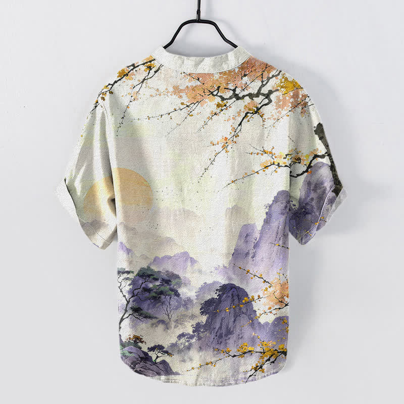 Buddha Stones Chemise à manches courtes pour homme, motif paysage de fleurs de prunier, encre coton - image 6