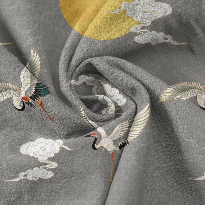 Buddha Stones Chemise homme à manches courtes et demi-boutonnée en coton à motif grue, nuage et soleil - image 2