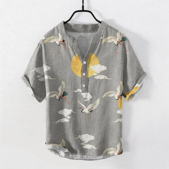 Buddha Stones Chemise homme à manches courtes et demi-boutonnée en coton à motif grue, nuage et soleil - Gris clair - US/UK/AU50，EU60 (5XL) - image 0