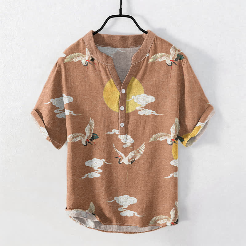Buddha Stones Chemise homme à manches courtes et demi-boutonnée en coton à motif grue, nuage et soleil - SandyBrown - US/UK/AU50，EU60 (5XL) - image 3