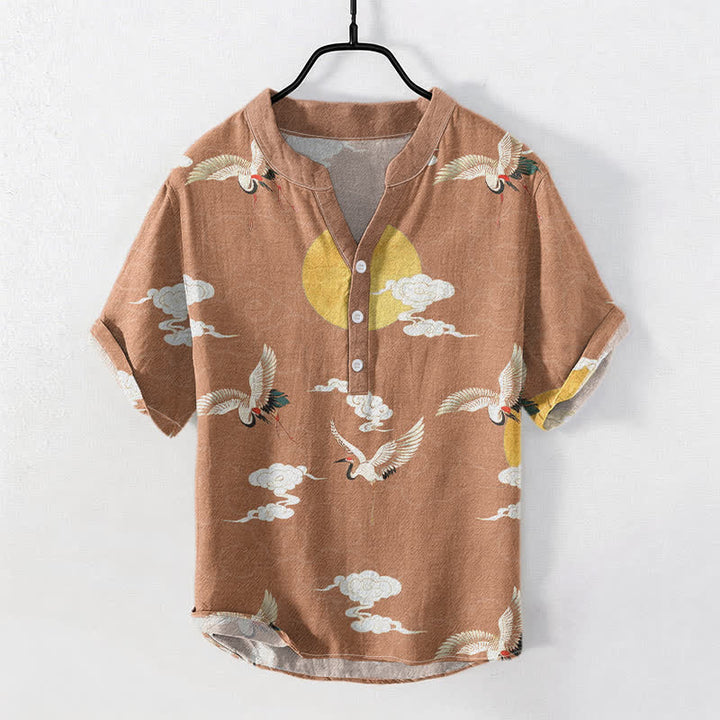 Buddha Stones Chemise homme à manches courtes et demi-boutonnée en coton à motif grue, nuage et soleil - SandyBrown - US/UK/AU50，EU60 (5XL) - image 3