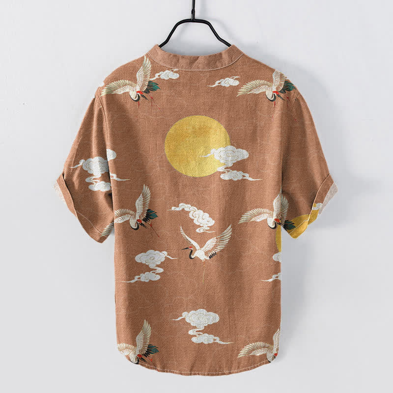 Buddha Stones Chemise homme à manches courtes et demi-boutonnée en coton à motif grue, nuage et soleil - image 4