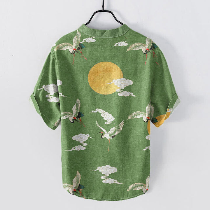 Buddha Stones Chemise homme à manches courtes et demi-boutonnée en coton à motif grue, nuage et soleil - image 6