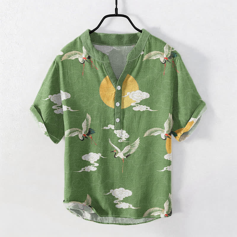 Buddha Stones Chemise homme à manches courtes et demi-boutonnée en coton à motif grue, nuage et soleil - Vert mer moyen - US/UK/AU50，EU60 (5XL) - image 5