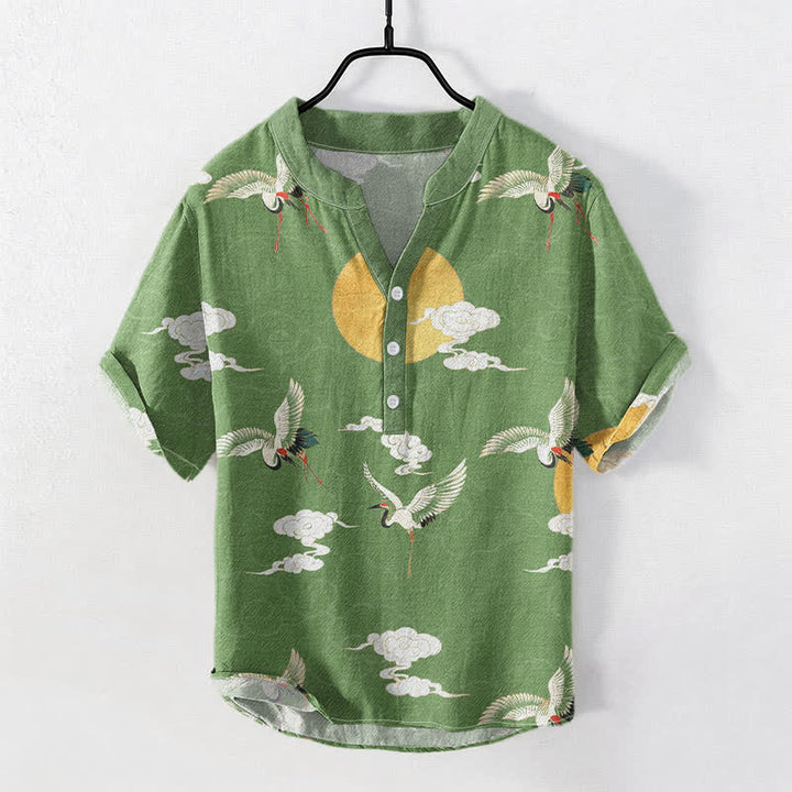 Buddha Stones Chemise homme à manches courtes et demi-boutonnée en coton à motif grue, nuage et soleil - Vert mer moyen - US/UK/AU50，EU60 (5XL) - image 5