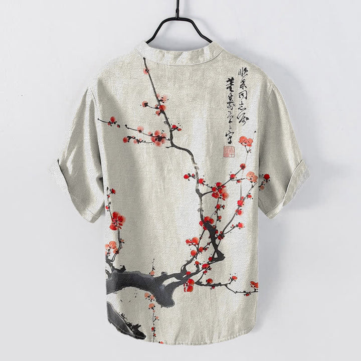 Buddha Stones Chemise homme à manches courtes et demi-boutons, motif de branches de prunier en coton calligraphié - image 1