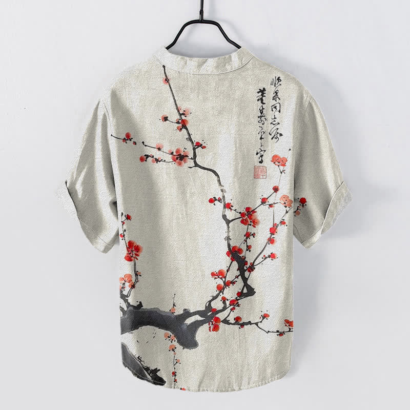 Buddha Stones Chemise homme à manches courtes et demi-boutons, motif de branches de prunier en coton calligraphié - image 1