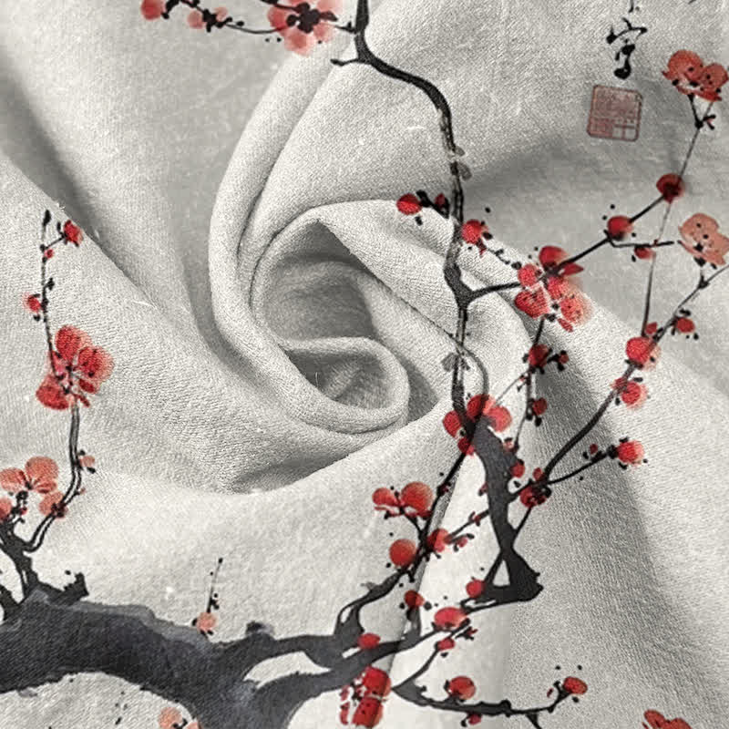 Buddha Stones Chemise homme à manches courtes et demi-boutons, motif de branches de prunier en coton calligraphié - image 2