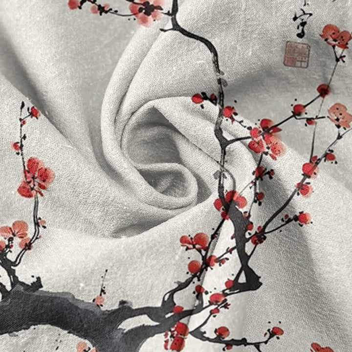 Buddha Stones Chemise homme à manches courtes et demi-boutons, motif de branches de prunier en coton calligraphié - image 2