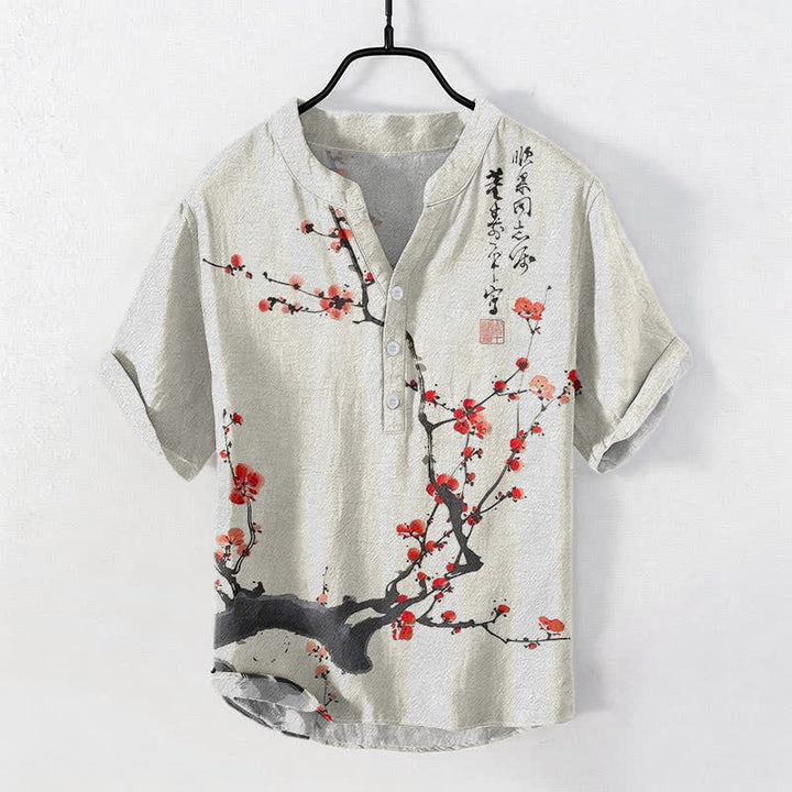 Buddha Stones Chemise homme à manches courtes et demi-boutons, motif de branches de prunier en coton calligraphié - LightCoral - US/UK/AU50，EU60 (5XL) - image 0