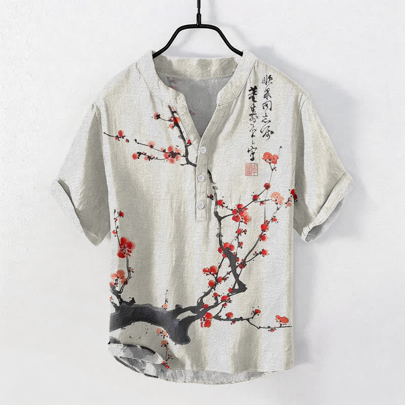 Buddha Stones Chemise homme à manches courtes et demi-boutons, motif de branches de prunier en coton calligraphié - LightCoral - US/UK/AU50，EU60 (5XL) - image 0
