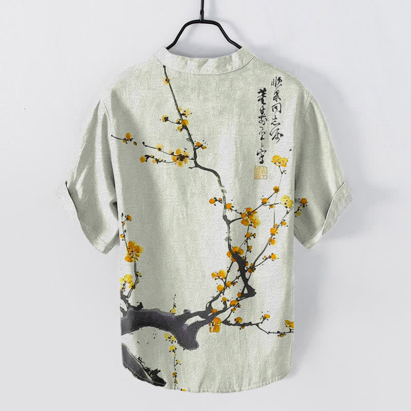 Buddha Stones Chemise homme à manches courtes et demi-boutons, motif de branches de prunier en coton calligraphié - image 4