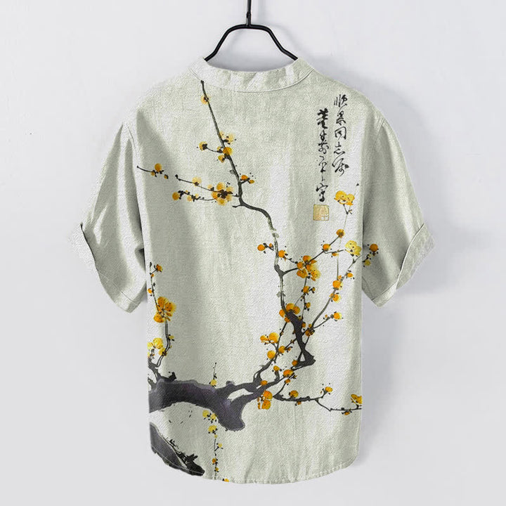 Buddha Stones Chemise homme à manches courtes et demi-boutons, motif de branches de prunier en coton calligraphié - image 4