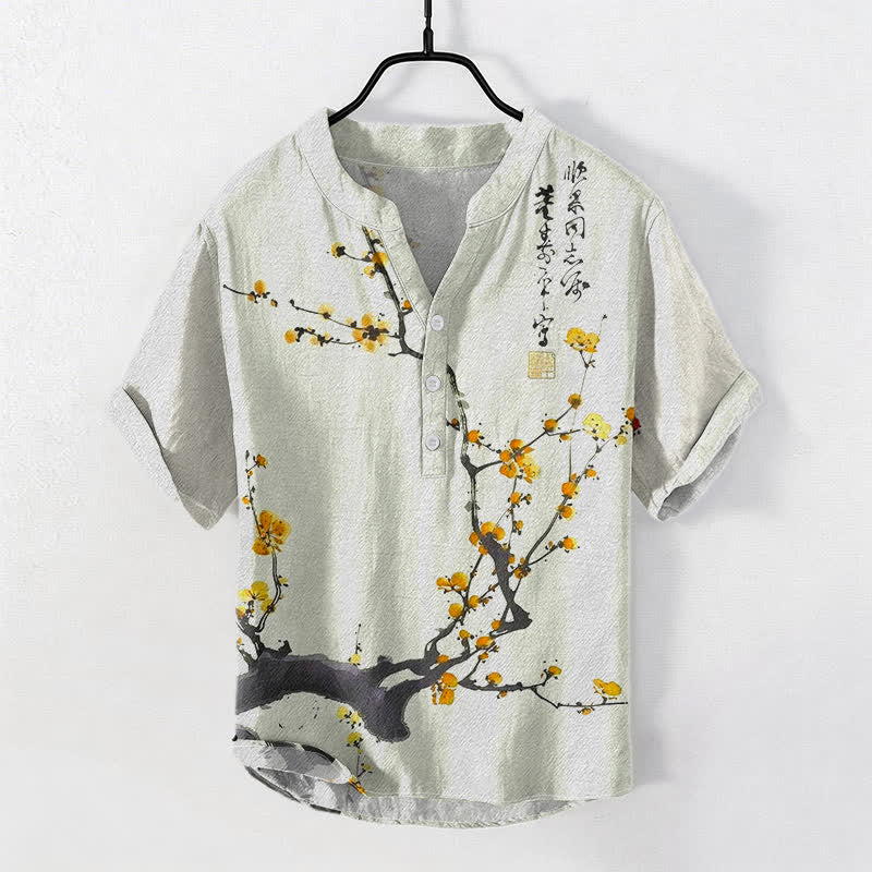 Buddha Stones Chemise homme à manches courtes et demi-boutons, motif de branches de prunier en coton calligraphié - Kaki - US/UK/AU50，EU60 (5XL) - image 3