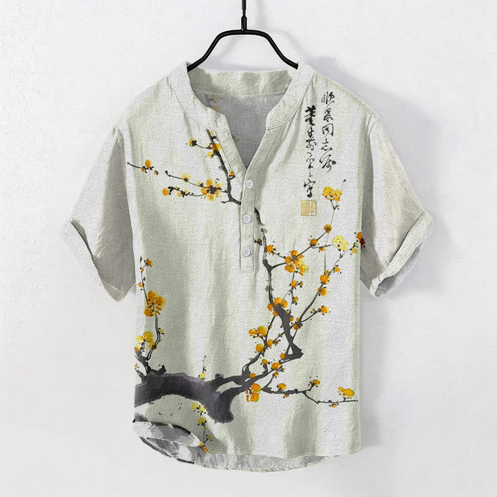Buddha Stones Chemise homme à manches courtes et demi-boutons, motif de branches de prunier en coton calligraphié - Kaki - US/UK/AU50，EU60 (5XL) - image 3