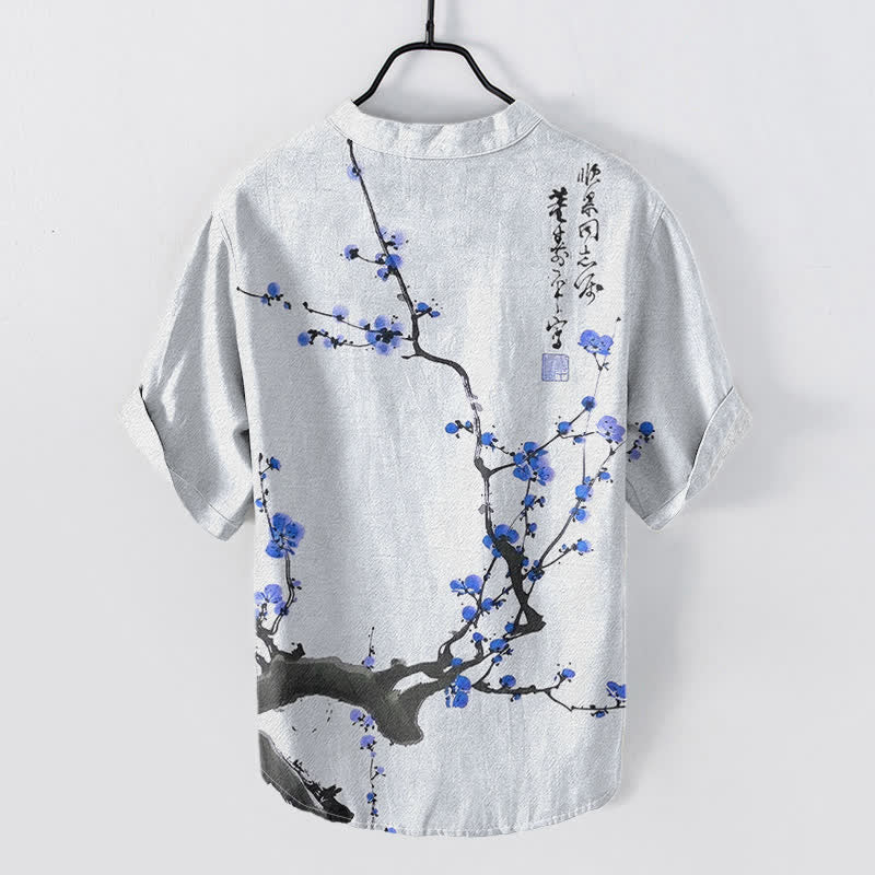 Buddha Stones Chemise homme à manches courtes et demi-boutons, motif de branches de prunier en coton calligraphié - image 6