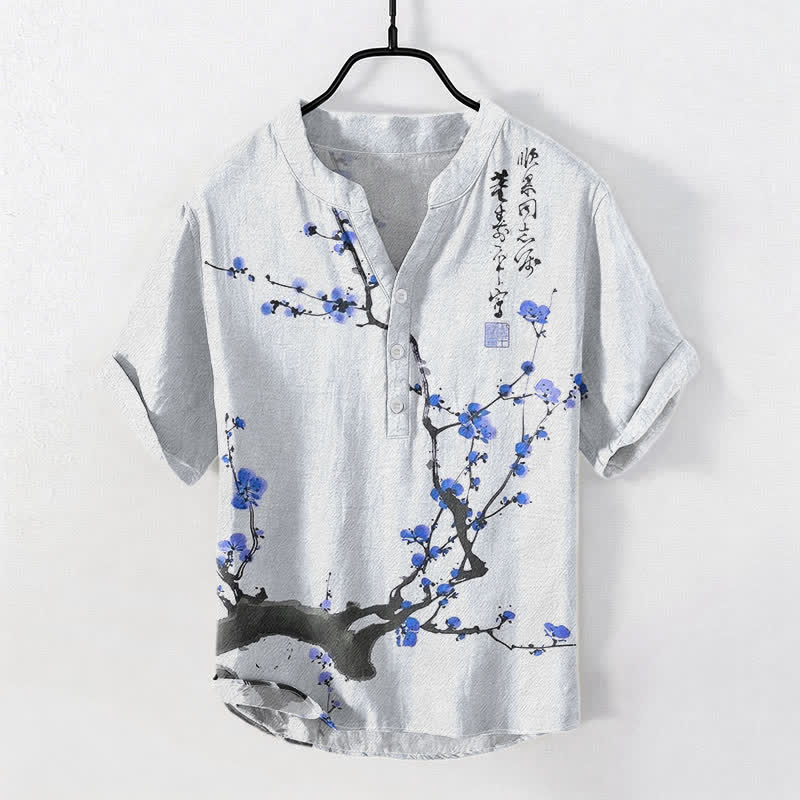 Buddha Stones Chemise homme à manches courtes et demi-boutons, motif de branches de prunier en coton calligraphié - Bleu ciel clair - US/UK/AU50，EU60 (5XL) - image 5