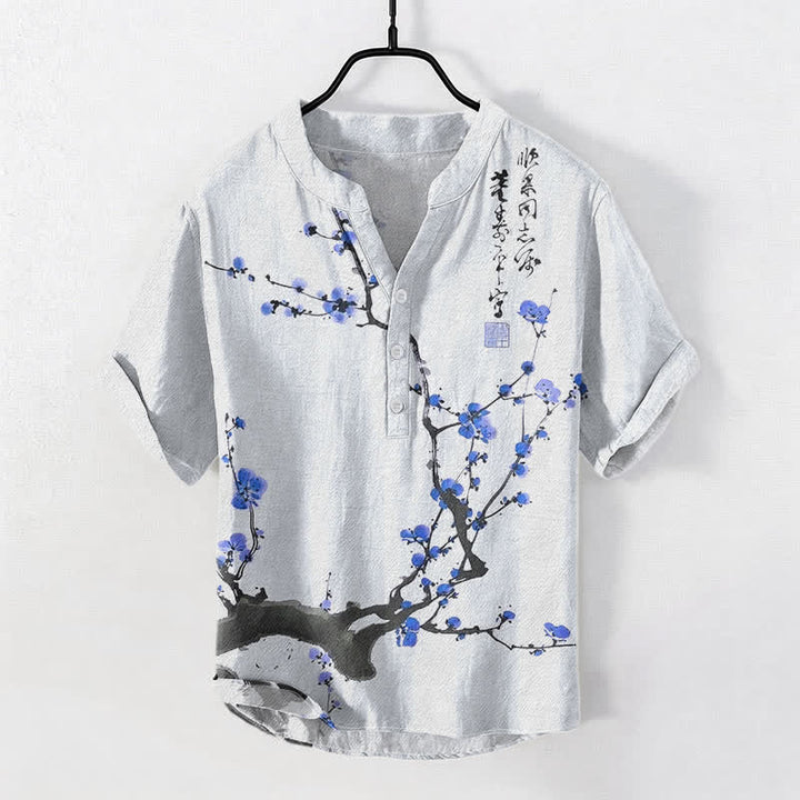 Buddha Stones Chemise homme à manches courtes et demi-boutons, motif de branches de prunier en coton calligraphié - Bleu ciel clair - US/UK/AU50，EU60 (5XL) - image 5
