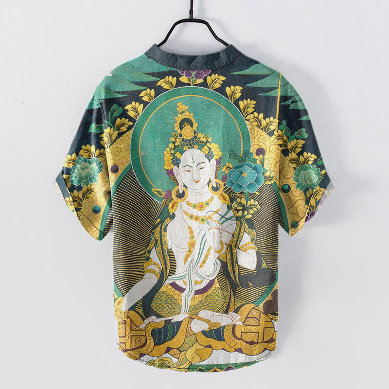 Buddha Stones Chemise homme à manches courtes et demi-boutonnée en coton à motif floral Bouddha rayonnant - image 1