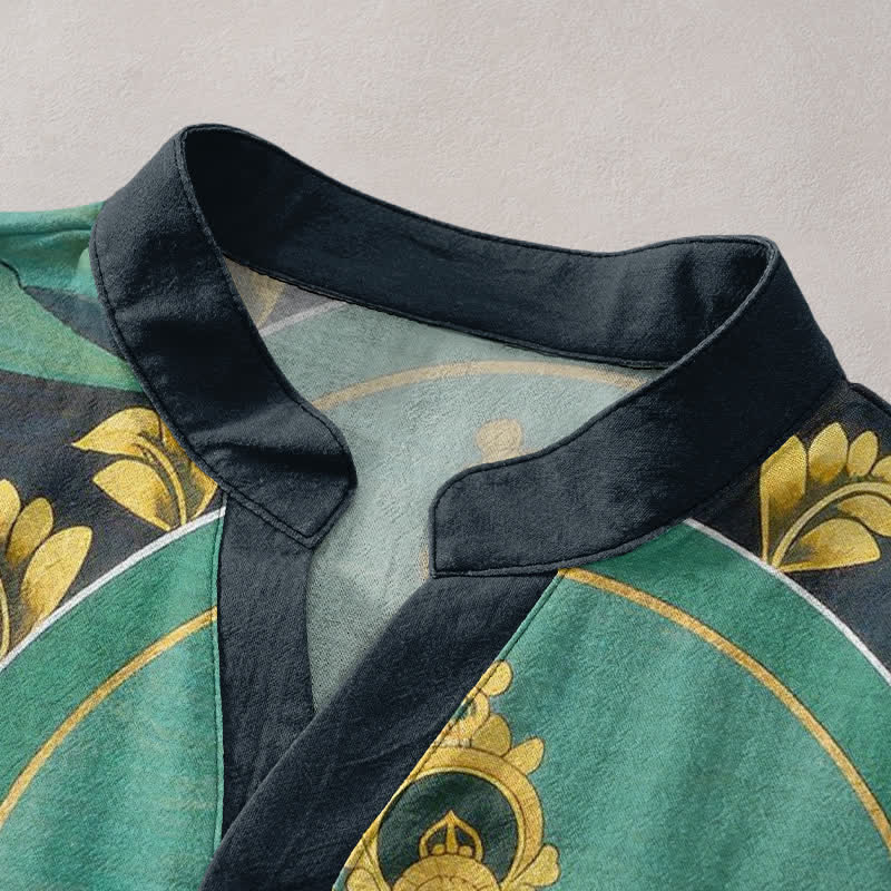 Buddha Stones Chemise homme à manches courtes et demi-boutonnée en coton à motif floral Bouddha rayonnant - image 2