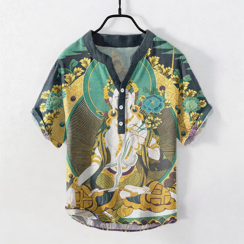 Buddha Stones Chemise homme à manches courtes et demi-boutonnée en coton à motif floral Bouddha rayonnant - Vert clair - US/UK/AU50，EU60 (5XL) - image 0