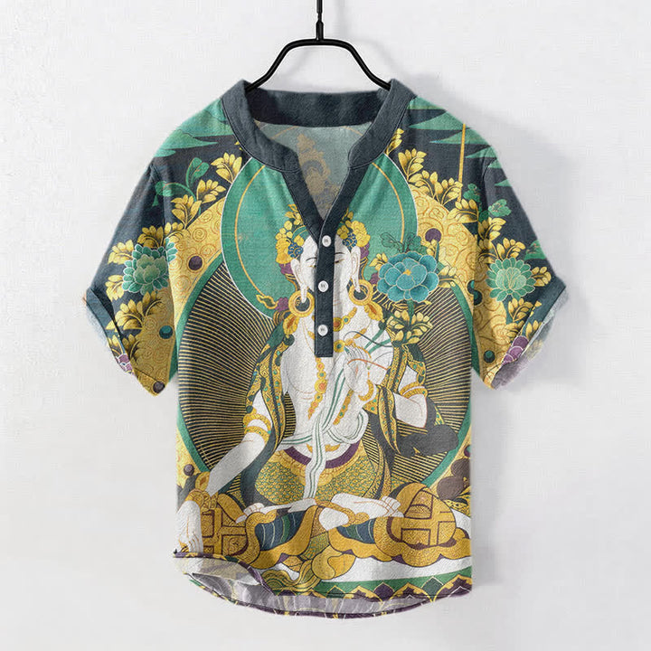 Buddha Stones Chemise homme à manches courtes et demi-boutonnée en coton à motif floral Bouddha rayonnant - Vert clair - US/UK/AU50，EU60 (5XL) - image 0