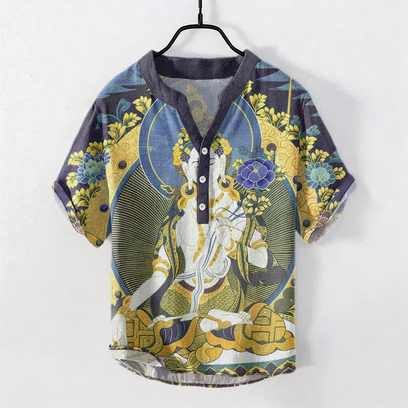 Buddha Stones Chemise homme à manches courtes et demi-boutonnée en coton à motif floral Bouddha rayonnant - Bleuet - US/UK/AU50，EU60 (5XL) - image 5
