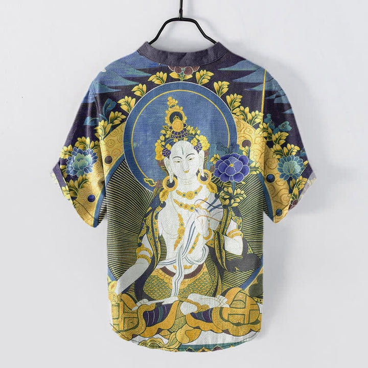 Buddha Stones Chemise homme à manches courtes et demi-boutonnée en coton à motif floral Bouddha rayonnant - image 6