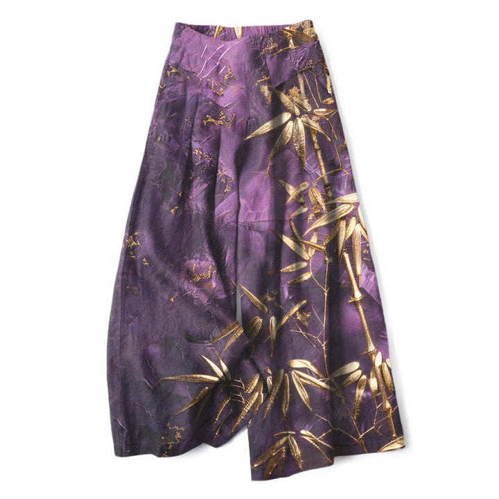 Buddha Stones Pantalon large à taille élastique et poches pour femme, en coton et lin, motif bambou doré - BleuViolet - US16，UK/AU20，EU48 (3XL) - image 0