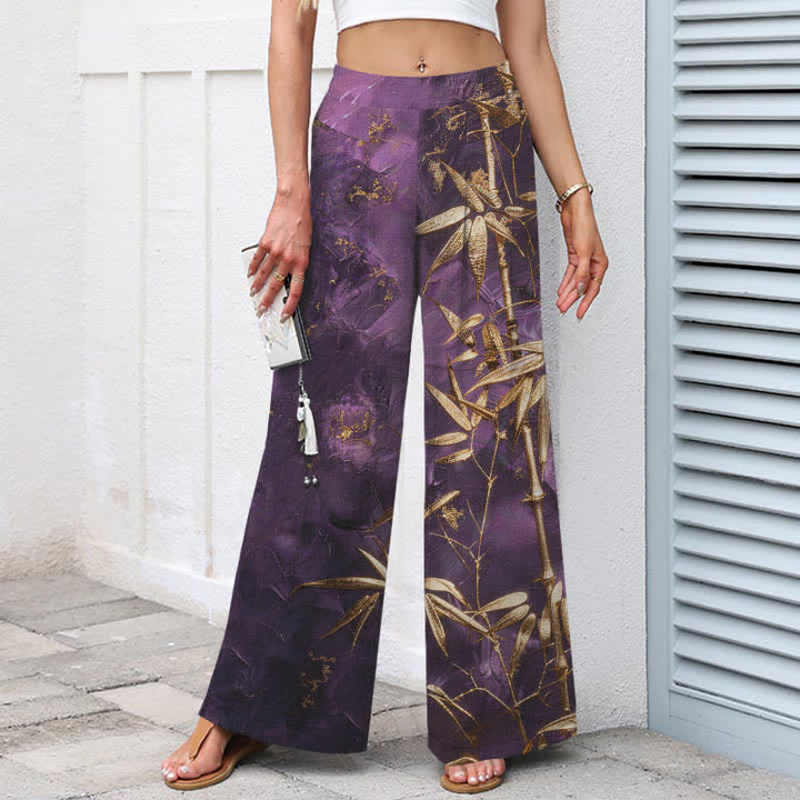 Buddha Stones Pantalon large à taille élastique et poches pour femme, en coton et lin, motif bambou doré - image 1