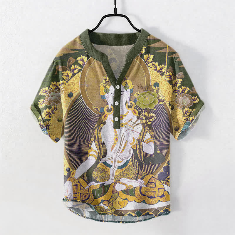 Buddha Stones Chemise homme à manches courtes et demi-boutonnée en coton à motif floral Bouddha rayonnant - DarkKhaki - US/UK/AU50，EU60 (5XL) - image 7