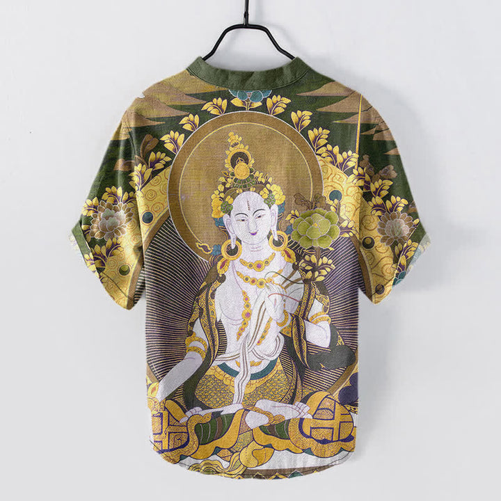 Buddha Stones Chemise homme à manches courtes et demi-boutonnée en coton à motif floral Bouddha rayonnant - image 8
