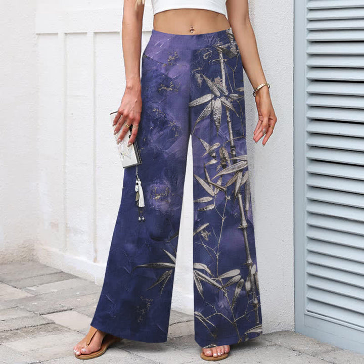 Buddha Stones Pantalon large à taille élastique et poches pour femme, en coton et lin, motif bambou doré - image 6