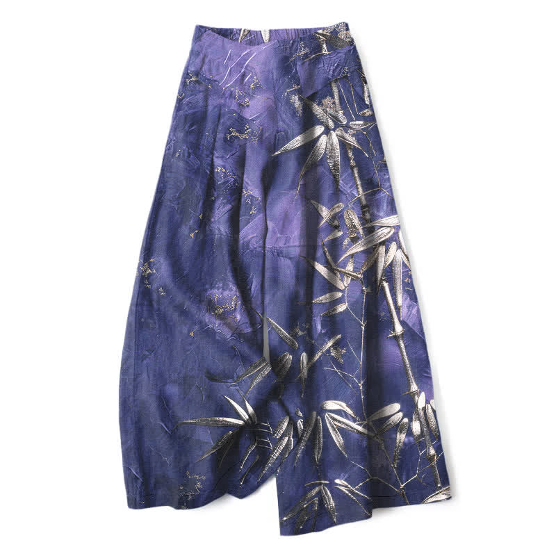 Buddha Stones Pantalon large à taille élastique et poches pour femme, en coton et lin, motif bambou doré - Indigo - US16，UK/AU20，EU48 (3XL) - image 5