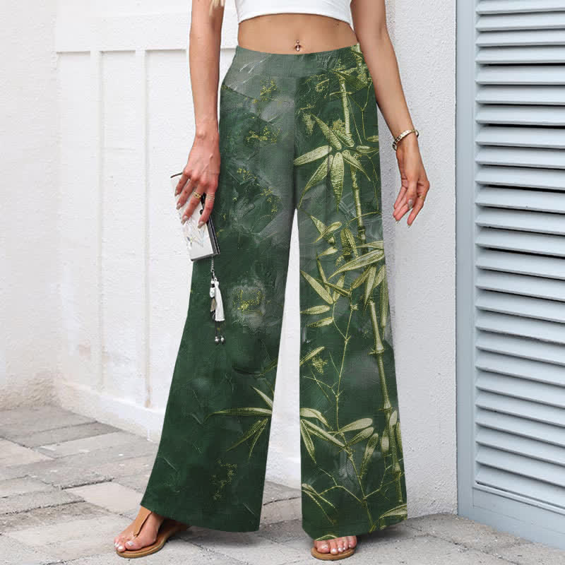 Buddha Stones Pantalon large à taille élastique et poches pour femme, en coton et lin, motif bambou doré - image 8