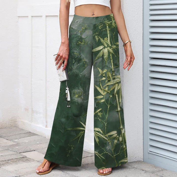 Buddha Stones Pantalon large à taille élastique et poches pour femme, en coton et lin, motif bambou doré - image 8