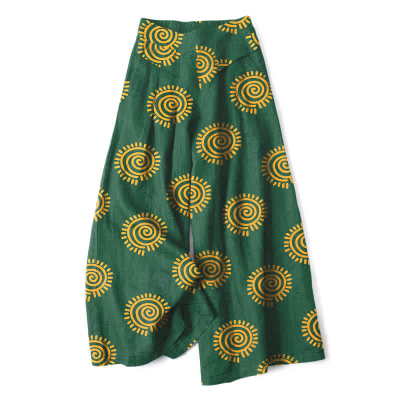 Buddha Stones Pantalon large en coton et lin à motif spirale soleil pour femme, taille élastique et poches - Vert forêt - US16，UK/AU20，EU48 (3XL) - image 0