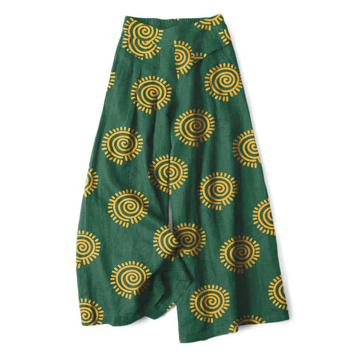 Buddha Stones Pantalon large en coton et lin à motif spirale soleil pour femme, taille élastique et poches - Vert forêt - US16，UK/AU20，EU48 (3XL) - image 0