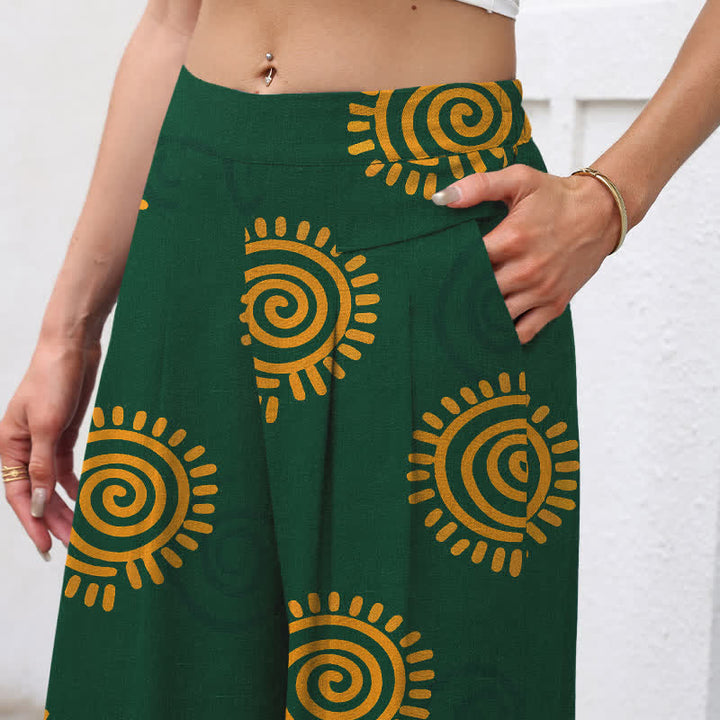 Buddha Stones Pantalon large en coton et lin à motif spirale soleil pour femme, taille élastique et poches - image 2