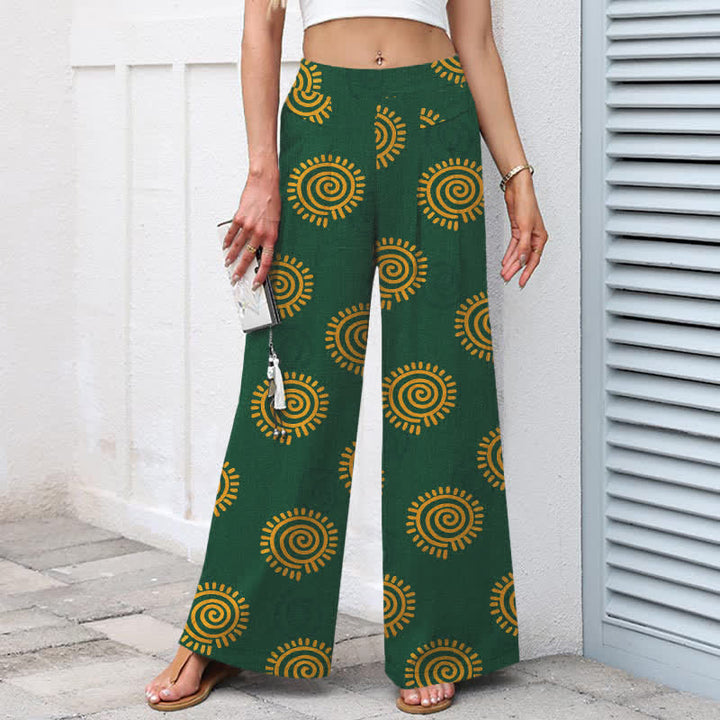 Buddha Stones Pantalon large en coton et lin à motif spirale soleil pour femme, taille élastique et poches - image 1